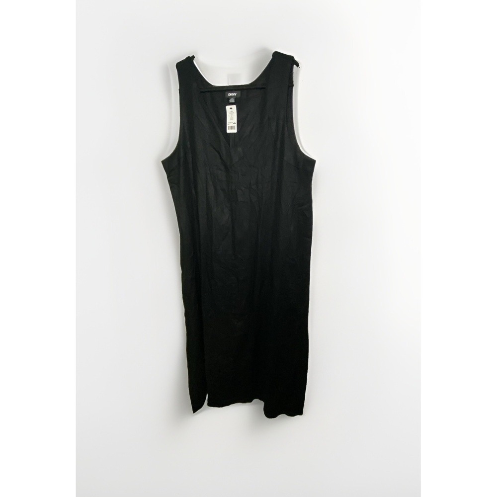 NWT!DKNY Black Sleeveless V-Neck Maxi Dress Women's XL Linen/Viscose Lagenlook